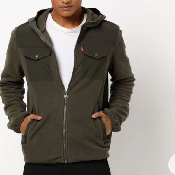 Levi’s Mixed Media Olive Green Fleece Zip Up Jacket - Medium